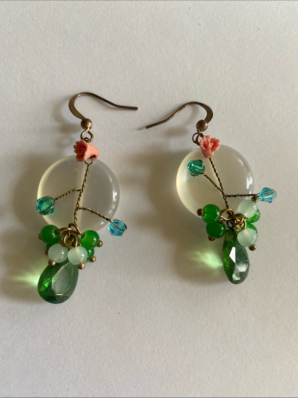 Artisan crystal Green and Aqua Bead Drop pierced Earrings with Flower 🌺accent
